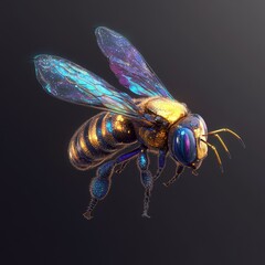 A vibrant, iridescent bee with gold and blue hues