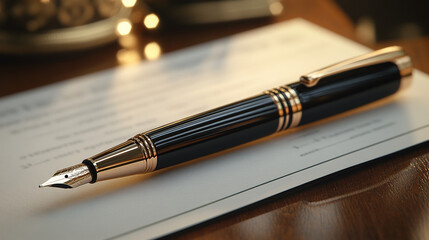 Elegant fountain pen resting on important contract ready for signing, symbolizing success, luxury, and professional commitment in business dealings