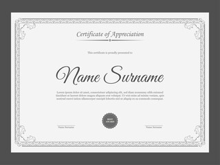 Retro certificate of appreciation template for company. Vintage certificate design with victorian style ornaments.