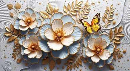 Soft pastel flowers with golden leaves and a yellow butterfly