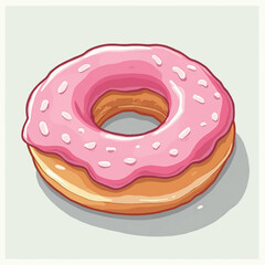 A cartoon illustration of a pink-glazed donut, presented in a stylized, appetizing way.