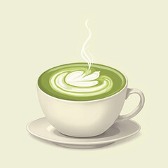Steaming cup of matcha latte art, served on a saucer.