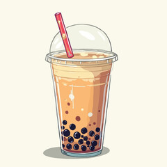 Illustration of a bubble tea drink in a clear plastic cup with a dome lid and a red straw.