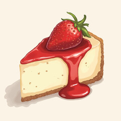 A delectable slice of creamy cheesecake, topped with a fresh strawberry and glistening strawberry sauce.
