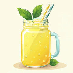 A vibrant yellow smoothie in a mason jar, garnished with mint leaves and striped straws.
