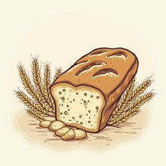 A loaf of bread with slices and wheat, a vintage illustration.