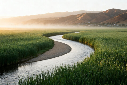 A winding river flows through a lush green marsh at sunrise with distant mountains in the background