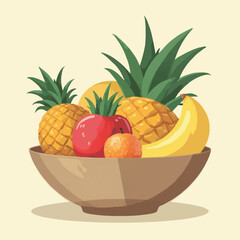 Colorful fruit assortment in a bowl, featuring pineapples, bananas, oranges, and tomatoes.