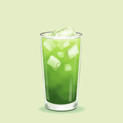 Refreshing iced matcha green tea drink in a tall glass with ice cubes.