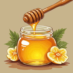 Honey dripping from a wooden dipper into a glass jar, with flowers and leaves.