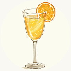 Illustration of a mimosa cocktail in a stemmed glass, garnished with an orange slice.