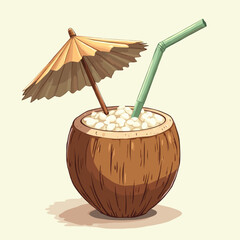 A coconut drink with ice, a straw, and a paper umbrella, presented in an artistic style.