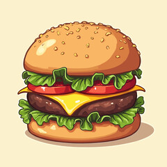 Cartoon illustration of a delicious cheeseburger with sesame seed bun, lettuce, tomato, and melted cheese.