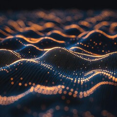 Abstract digital landscape of undulating lines and glowing points.  Dark, deep blues and golds create a textured, wave-like effect