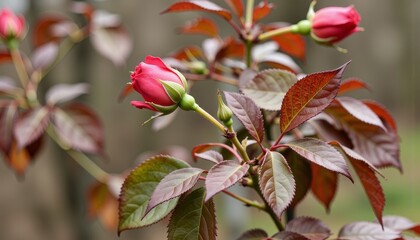 Obraz premium Vibrant Red Rose Buds with Lush Green Leaves and Background Blur in a Tranquil Natural Outdoor Setting Capturing Early Blooming Beauty