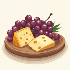A wooden platter holding cheese wedges and a bunch of red grapes.