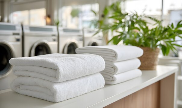 Modern industrial laundry, stainless steel washing machines, neatly folded white linens, bright and clean minimalist environment, premium health & eco brand style