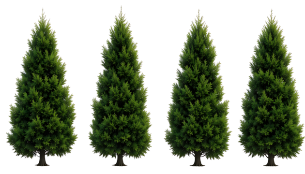 Four Cypress Trees Tall Narrow Green Foliage Isolated PNG