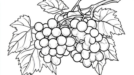 Fototapeta premium 93.A kid-friendly grape coloring page, featuring a bunch of grapes on a vine. The line art is clean and simple, with bold outlines of each grape and leaf to guide young artists as they color. The