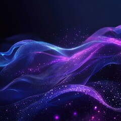 Abstract swirling, glowing waves of blue & purple particles on dark background
