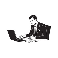 Black and white line art of a hardworking man at office desk with laptop and documents minimalist illustration