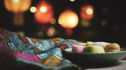 kuih. Traditional batik scarf with intricate patterns draped over colorful kuih desserts, celebrating Malaysia Day. event programs.