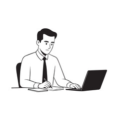 Black and white line art of a hardworking man at office desk with laptop and documents minimalist illustration