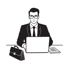 Black and white line art of a hardworking man at office desk with laptop and documents minimalist illustration