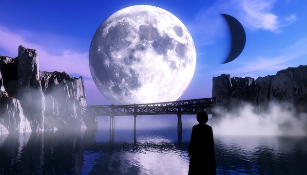 Mystical moonlit bridge scene - Powered by Adobe