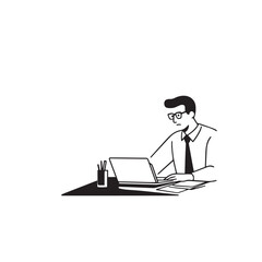 Black and white line art of a hardworking man at office desk with laptop and documents minimalist illustration