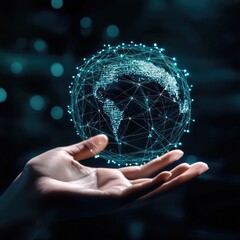 A hand holds a digital globe, interconnected by lines (1)