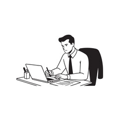 Black and white line art of a hardworking man at office desk with laptop and documents minimalist illustration