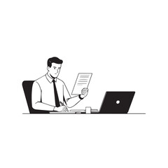 Black and white line art of a hardworking man at office desk with laptop and documents minimalist illustration