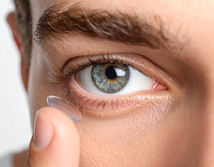 Close-up of blue eye with person inserting contact lens, conveying vision correction and detail.