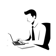 Black and white line art of a hardworking man at office desk with laptop and documents minimalist illustration