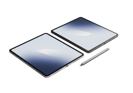 Two ultra-thin tablets, one matte white, one matte black, with glowing screens and a metallic stylus, isolated on a pristine transparent background, professional modern technology display - Powered by Adobe