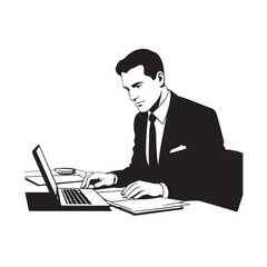 Black and white line art of a hardworking man at office desk with laptop and documents minimalist illustration