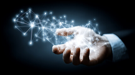 Hand holding a glowing network of connected nodes representing digital connectivity and data flow