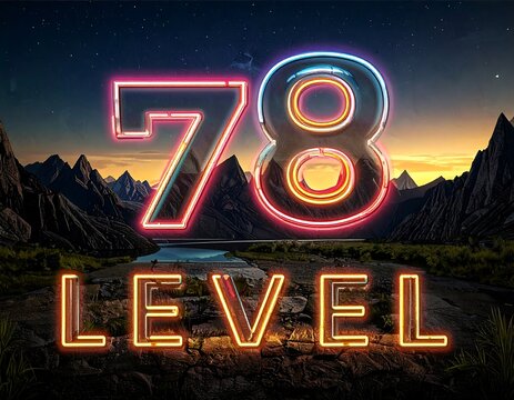 Neon-lit numbers "78" over landscape at night