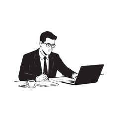 Black and white line art of a hardworking man at office desk with laptop and documents minimalist illustration