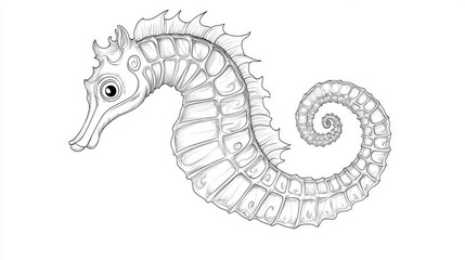 Fototapeta premium 10.A detailed vector drawing of a cartoon seahorse in black and white, ideal for children's coloring books. The seahorseâ€™s long body curves gracefully, and its tail forms a gentle spiral. The fins
