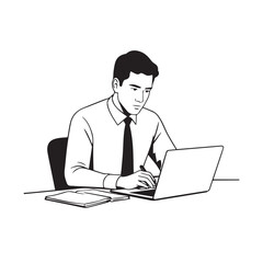 Black and white line art of a hardworking man at office desk with laptop and documents minimalist illustration
