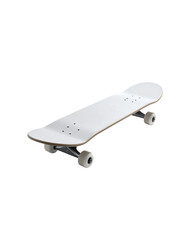 A clean, minimalist off-white skateboard with black trucks and wheels, shown at a slight angle