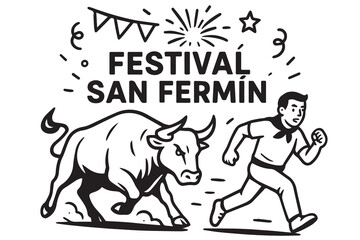 Vector background design depicting San Fermin celebration, rendered completely in monochrome black and white with distinct precise black outline emphasizing traditional elements.