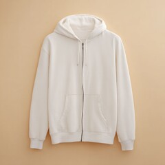 Fototapeta premium White zip-up hoodie, front view, simple style