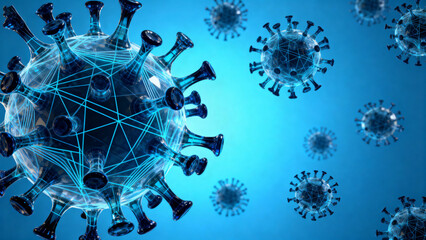 3D illustration of virus particles with spike proteins and network connections on a blue background