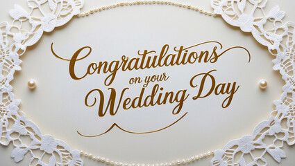 lace patterns and delicate pearl-like embossed dots ornamenting the border, featuring elegant gold cursive script “Congratulations on Your Wedding Day” in a beautiful, flowing handwritten style