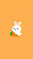 Cute white bunny holding carrot with orange background, adorable animal illustration with happy expression