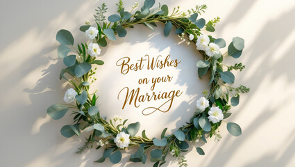 A lush greenery and eucalyptus wreath with fresh leaves and delicate white flowers encircling the elegant handwritten message “Best Wishes on Your Marriage”