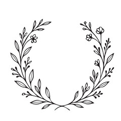Vector graphic representation of a round floral frame, illustrated simply in black and white with clear bold black outline accentuating ornamental floral pattern.